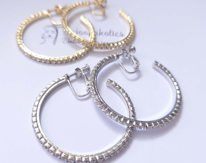 Rhinestone Clip On Hoop Earrings – Sparkly Non Pierced Statement Hoops - Gold - Silver Tone - 1.75" - 4.5cm