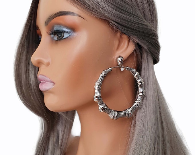 3.5" long silver tone bamboo design CLIP ON hoop drop earrings - Big - Lightweight jointed chunky hoop earrings * Slight seconds please read