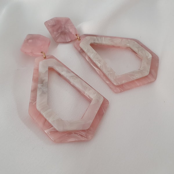 BIG Clip on earrings - Retro pink & white 2 tone acrylic clip on  drop earrings - 3.5"  60's inspired - vintage style -pierced option