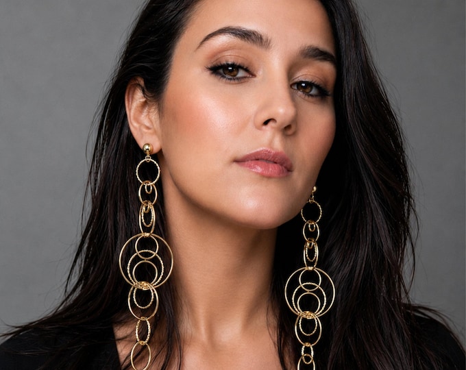 Clip On Earrings - Gold Tone Long Statement Circle Drop Earrings -   - 6.5" - 17cm