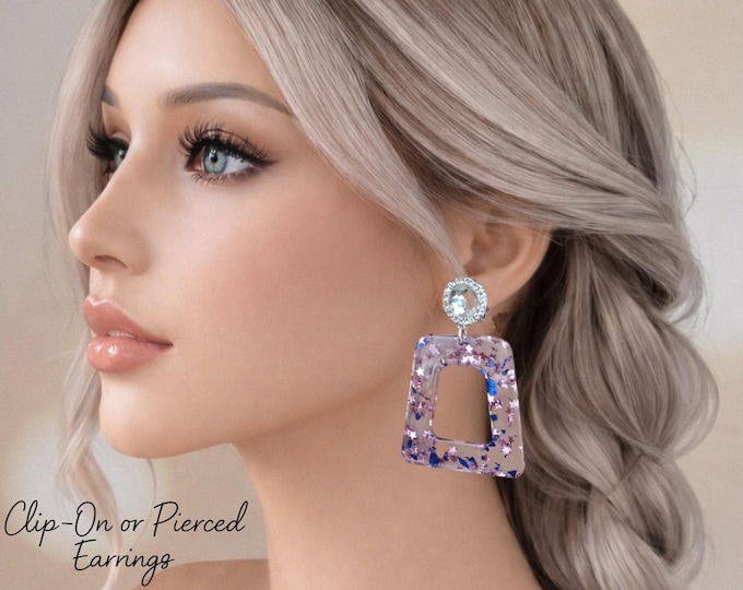 Clip On Glitter Statement Earrings Pink Blue Acrylic Square Drop Earrings Rhinestone Stud Dangle Lightweight - 2.5" - 6.5cm