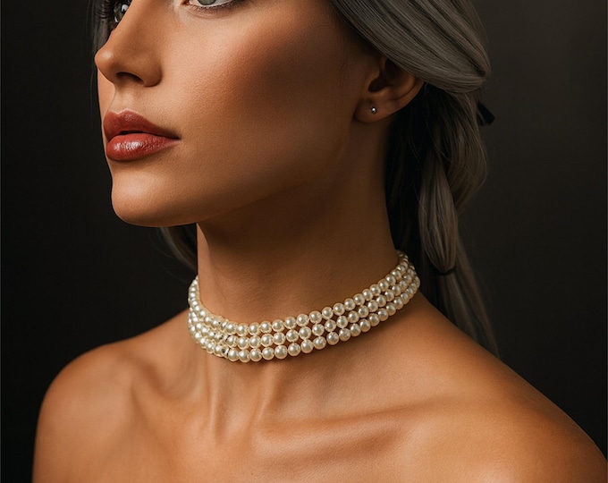Elegant Pearl & Rhinestone Collar Necklace – Multi-Row Bridal Pearl Choker, Wedding Jewellery, Vintage Style Statement Necklace