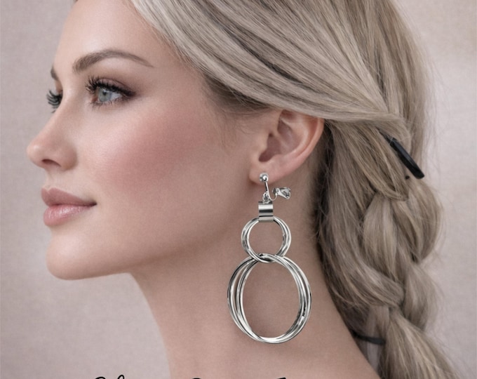 Clip-On Hoop Earrings, Silver Tone Multi Ring Dangle, Statement Lightweight Non Pierced Earrings, 3.75" - 9.6cm