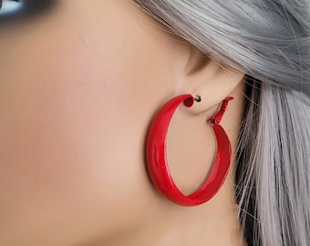 1 pair of red CLIP ON hoop earrings - 1.75"  big red extra wide statement hoops - large hoop earrings for non pierced ears, pierced option