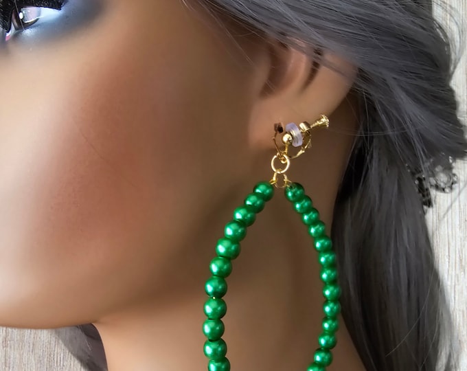 1 pair green bead CLIP ON drop earrings - 3.5" long teardrop shape green bead hoop drop earrings for non pierced ears or pierced option