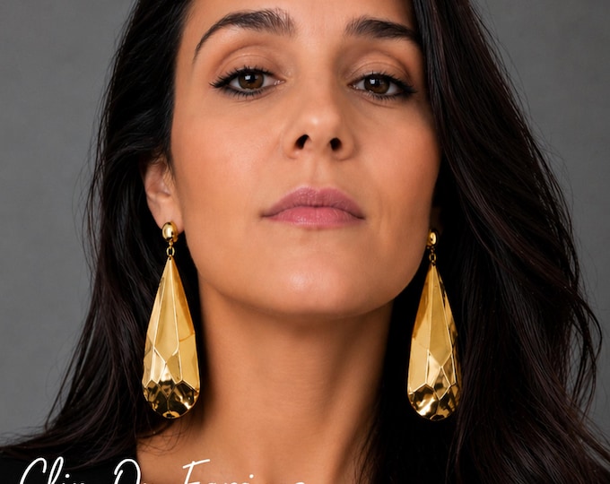 Gold Tone Drop Clip On Earrings – Non Pierced Statement Geometric Dangle Earrings – 4.25" - 11cm