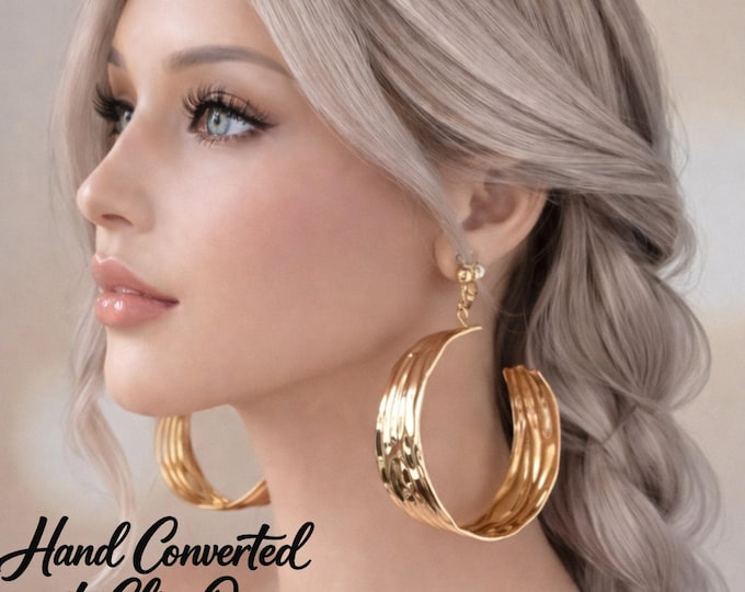 Gold Clip On Hoop Earrings – Chunky Wavy Statement Hoops – Textured Modern Jewellery