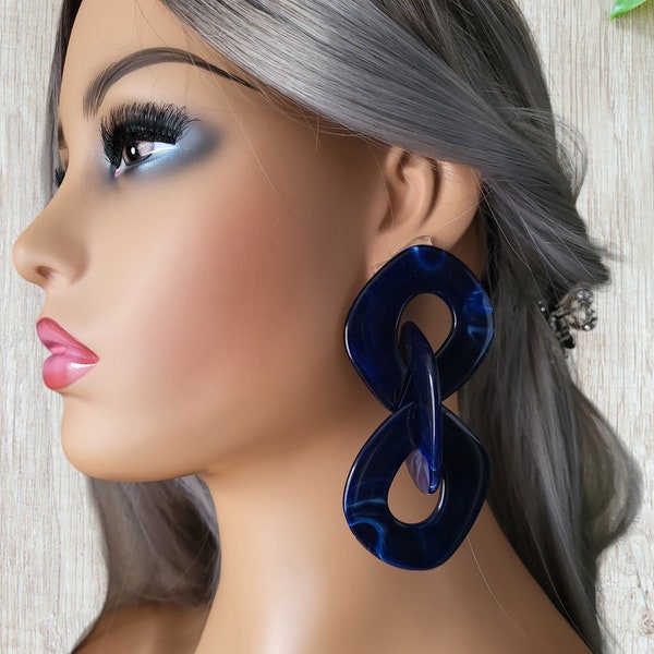 Big chunky CLIP ON drop earrings - 1 pair  4" or 5" long dark - navy blue tone acrylic chain link design drop earrings - Clip on or pierced