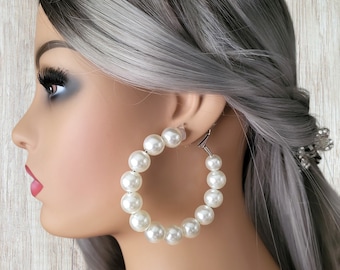 1 pair of 2.75"  big chunky CLIP ON faux pearl bead hoop earrings - Clip on or pierced options - big statement hoops - check size!