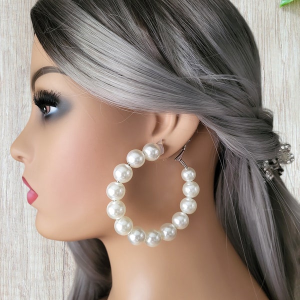 1 pair of 2.75"  big chunky CLIP ON faux pearl bead hoop earrings - Clip on or pierced options - big statement hoops - check size!