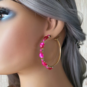 Big gold CLIP ON hoop earrings 2.25 diameter gold tone & fuchsia hot pink diamante / crystal hoop earrings clip on or pierced option image 1