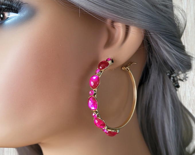 Big gold CLIP ON hoop earrings - 2.25" diameter gold tone & fuchsia - hot pink diamante / crystal hoop earrings - clip on or pierced option