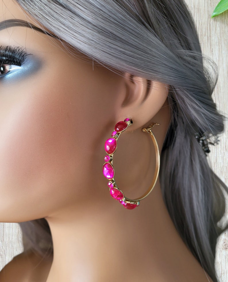 Big gold CLIP ON hoop earrings 2.25 diameter gold tone & fuchsia hot pink diamante / crystal hoop earrings clip on or pierced option image 1