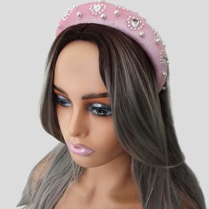 Beautiful 3cm wide soft padded pink velour with diamante & pearl bead detail headband aliceband image 2