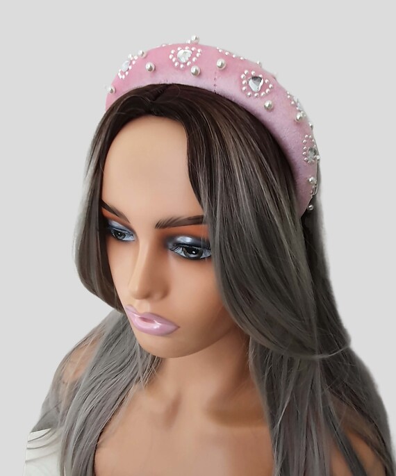 Pink Velvet Headband Embellished White Pearl Beads Pink Velvet Headband Embellished White Pearl Beads main image 3