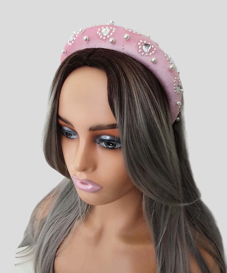 Beautiful 3cm wide soft padded pink velour with diamante & pearl bead detail headband aliceband image 2
