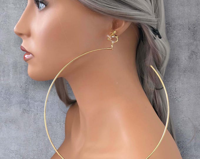 Huge Clip-On Hoop Earrings – 6.5" Gold Stainless Steel C-Shaped Statement Hoops for Pierced or Non-Pierced Ears