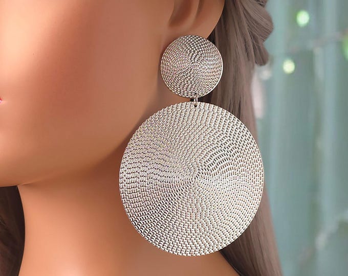 1 pair of  silver tone CLIP ON earrings - 4.25" long double patterned metal disc drop earrings for non pierced ears - Big statement earrings