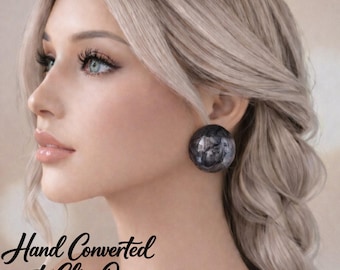Big Chunky Black & Grey Swirl Resin Top Clip-On Stud Earrings | Statement Dome Earrings | Lightweight Round Clip-Ons for Non-Pierced Ears