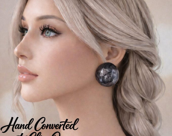 Big Chunky Black & Grey Swirl Resin Top Clip-On Stud Earrings | Statement Dome Earrings | Lightweight Round Clip-Ons for Non-Pierced Ears