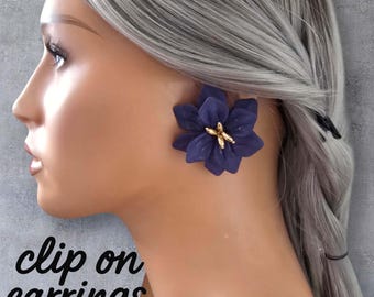 Bold Blue Flower Clip-On Earrings – Big Statement 3D Floral Earrings with Gold Detail - Non Pierced Ears