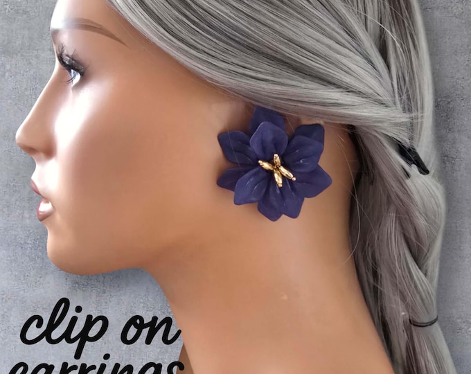 Bold Blue Flower Clip-On Earrings – Big Statement 3D Floral Earrings with Gold Detail - Non Pierced Ears