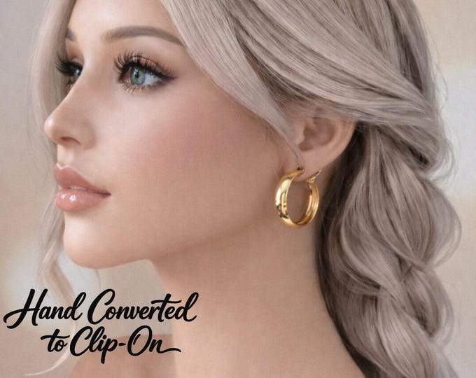 Chunky Gold Tone Clip On Hoop Earrings – Wide Tube Statement Jewelry