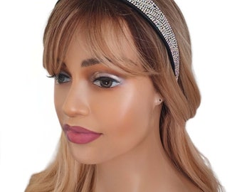 Beautiful, sparkly 1" wide diamante & black plastic headband - Aliceband with Clear - AB diamante pattern detail   #97