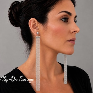 Könnte beinhalten: Ein Paar lange, silberfarbene Clip-Ohrringe mit einem rechteckigen Netzfransen-Design, das vertikal von einem kleinen runden Stecker herabhängt. Der Text "Clip-On Earrings" ist in der unteren linken Ecke des Bildes zu sehen.