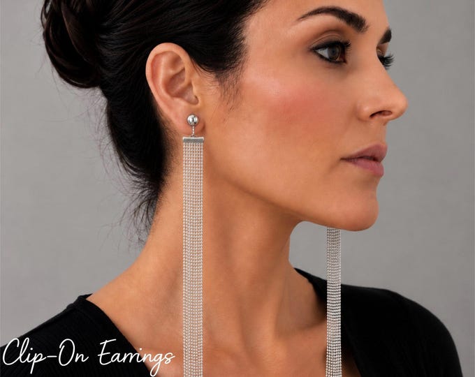 Silver Tone Ball Chain Tassel Clip On Earrings – Lightweight Statement Shoulder Duster Earrings – Length Options