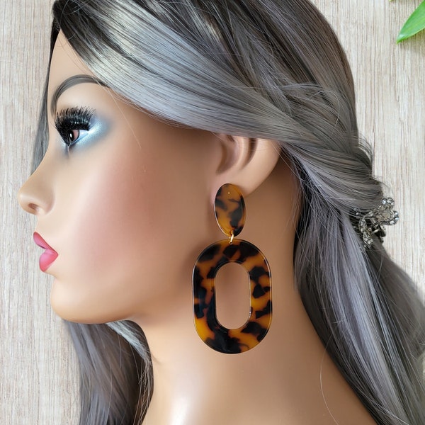 BIG Clip on earrings - Retro brown - torte print acrylic clip on circle drop earrings - 3.1"  60's inspired - vintage style - pierced option