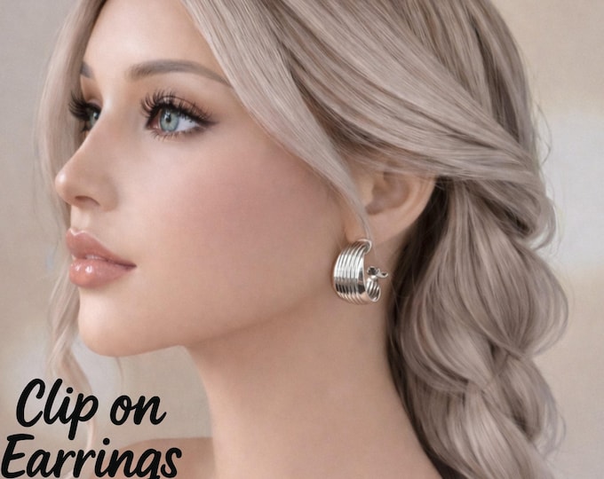 Silver Tone Clip On Hoop Earrings – Wide Tube Statement Jewelry - 2cm - 0.9"