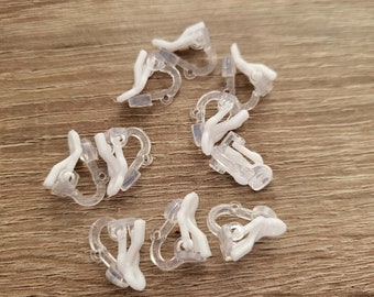 5 pairs of white & clear plastic / acrylic clip on earring findings - Hypo allergenic for metal allergies - childrens earrings