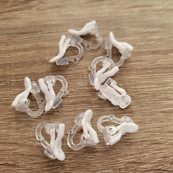 5 pairs of white & clear plastic / acrylic clip on earring findings - Hypo allergenic for metal allergies - childrens earrings