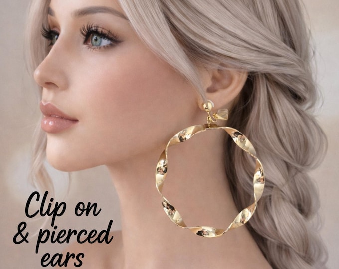 Twisted Gold Tone Drop Hoop Earrings – Clip On or Pierced – Bold Statement Wavy Hoops