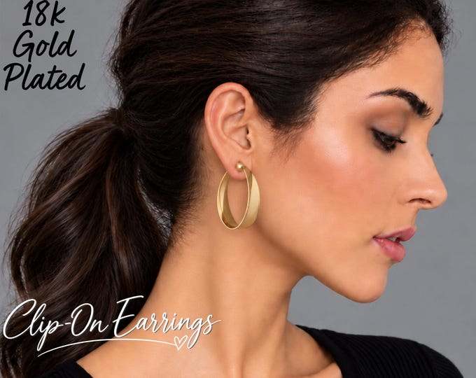 Clip On Hoop Earrings – 18K Gold Plated Sterling Silver Wide Concave Tube Hoops – Non-Pierced - 1.5" - 3.5cm