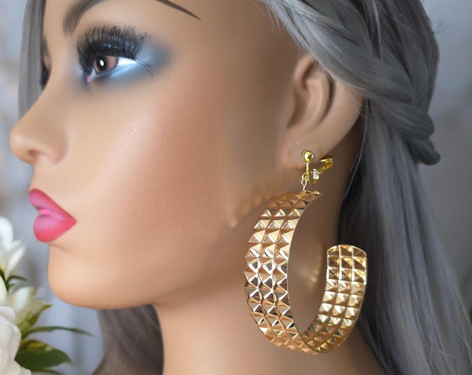 1 pair Gold tone CLIP ON hoop earrings - 3" long C shape wide studded design hoop earrings for non pierced ears - Fashion statement hoops
