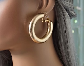 1 pair CLIP ON hoop earrings - 2" big chunky thick frosted patterned CCB - C style hoop earrings - non pierced oversized clip earrings