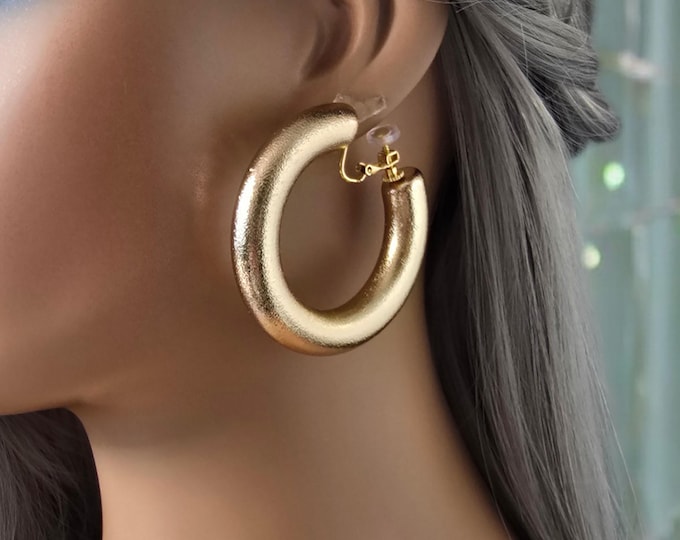 1 pair CLIP ON hoop earrings - 2" big chunky thick frosted patterned CCB - C style hoop earrings - non pierced oversized clip earrings