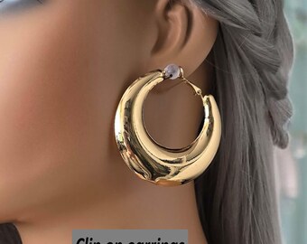 CLIP ON hoop earrings - 2" diameter gold tone plain chunky - thick crescent design tube hoop earrings - clip on or pierced option