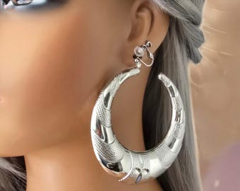 1 pair silver tone CLIP ON hoop earrings - 3.25" big chunky puffed up C style hoop earrings - big chunky thick patterned hoops