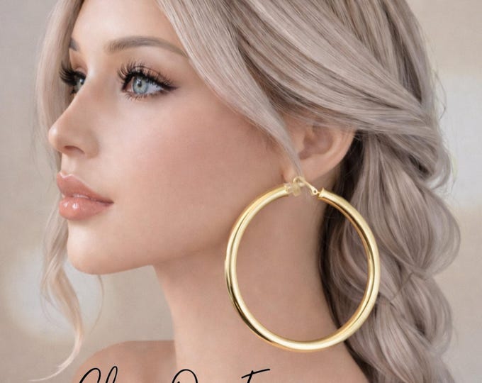 Clip On Hoop Earrings – Gold Tone Chunky Oversized Statement Hoops  –  Non Pierced  – 3.5" / 9cm