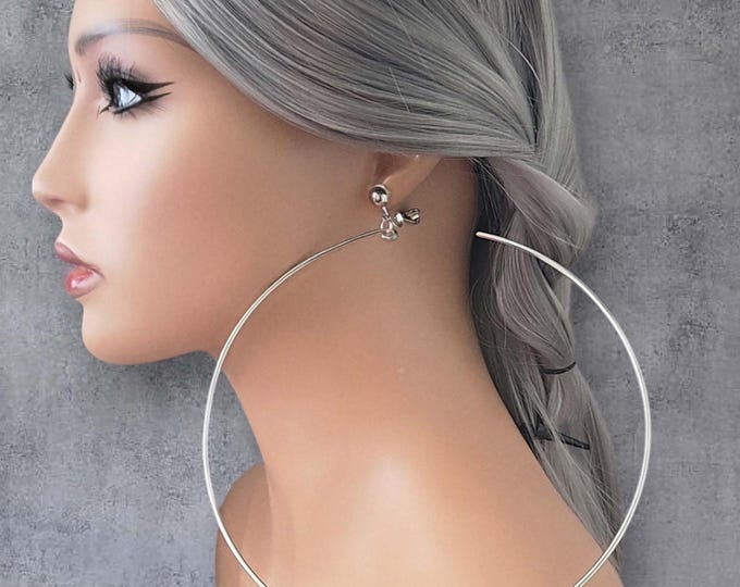 CLIP ON HOOP earrings -  huge! 6.5" long gold or silver tone wire C shape hoop earrings - non pierced earrings - clip on hoops, ear clips