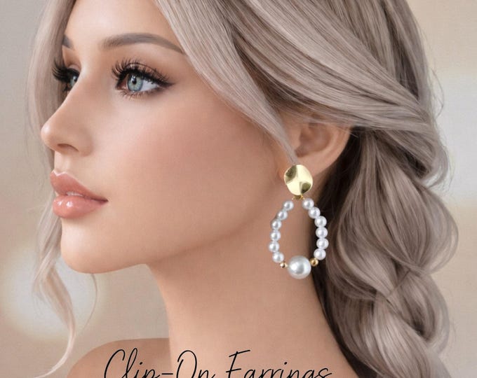 CLIP ON drop earrings - faux pearl bead earrings - White-Ivory pearl drop hoops - 3" - 7.5cm