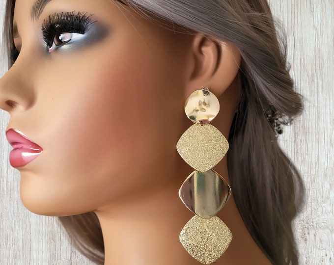 Gold clip on long drop earrings - Beautiful 3.75" long gold tone layered metal disc drop earrings - clip on - non pierced ears  perfect gift