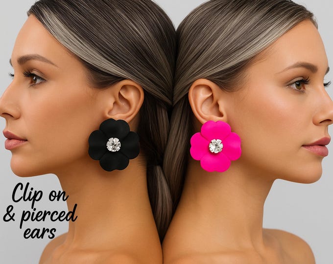 3D Flower Clip On Earrings –  Bold Statement, Hot Pink or Black - Crystal Centre for Non-Pierced Ears
