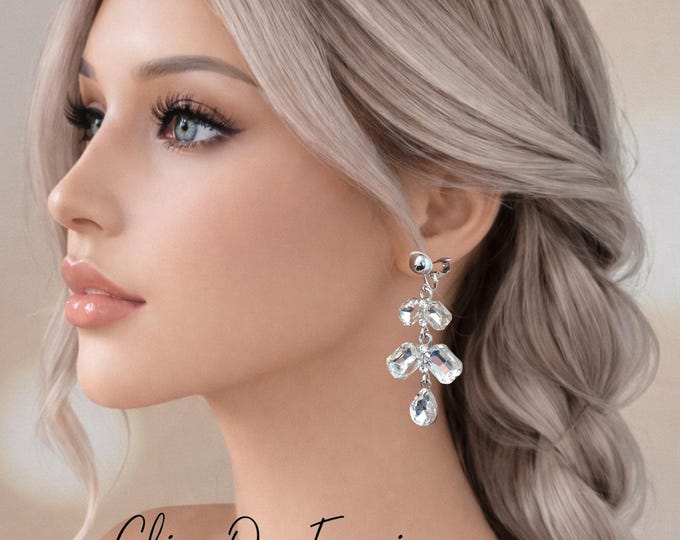 Silver Tone Clip On Crystal Drop Earrings,  Wedding Statement Dangle (2.5" / 6cm)