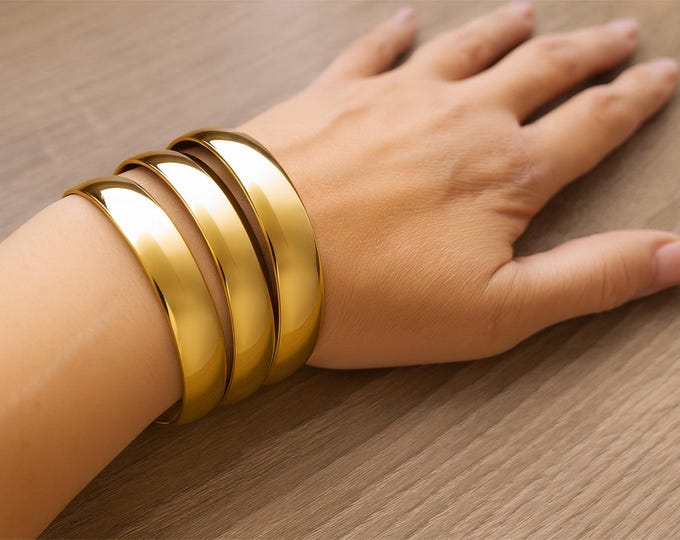 Set of 3 Extra Wide Gold Stainless Steel Bangles – Shiny Plain Chunky Stacking Bracelets – Large Size 68mm Inner Diameter – 12mm