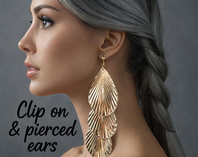 Gold Tone Layered Drop Earrings | Handmade Statement Dangle | Clip On or Pierced Earrings