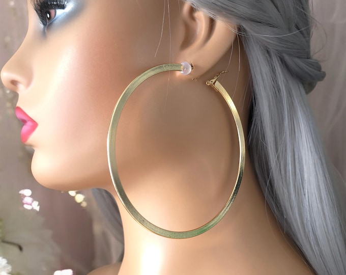 Gold tone CLIP ON hoop earrings - 3.7" diameter - plain side facing flat wide tube gold tone hoop earrings, Pierced or non pierced options